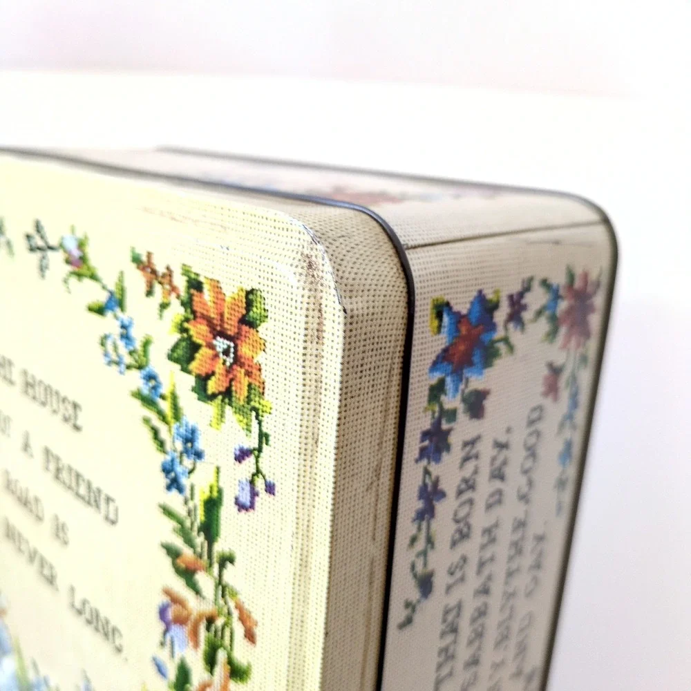 Vintage Carr's of Carlisle England Needlepoint Floral Tin Box‎ Cottagecore Cream